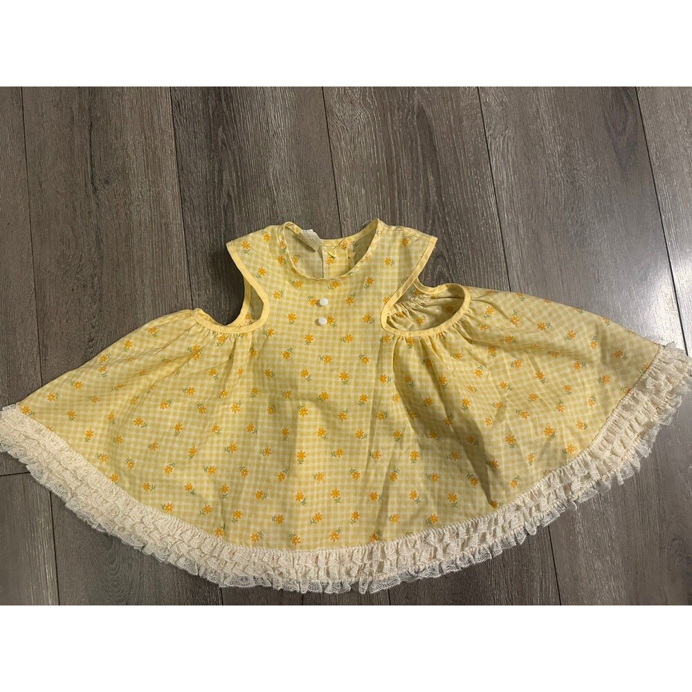 Vintage Mini World Yellow Collared Full Prairie Floral Dress Lace Size 9-12 Mo